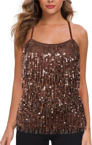 MANER Womens Sequin Fringe Top Sparkly Party Tank Top Tassel Trim Cami
