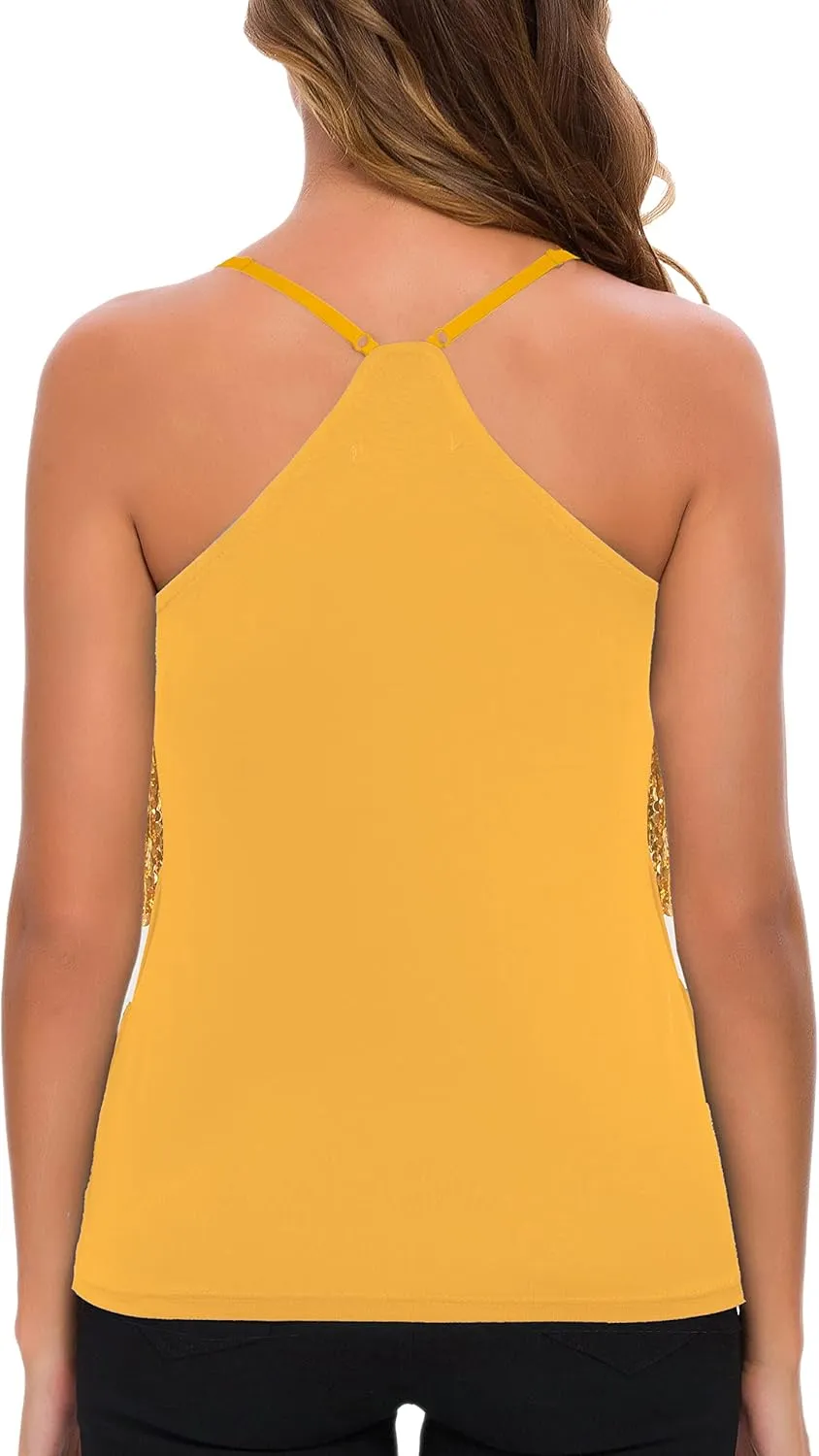 MANER Womens Sequin Fringe Top Sparkly Party Tank Top Tassel Trim Cami