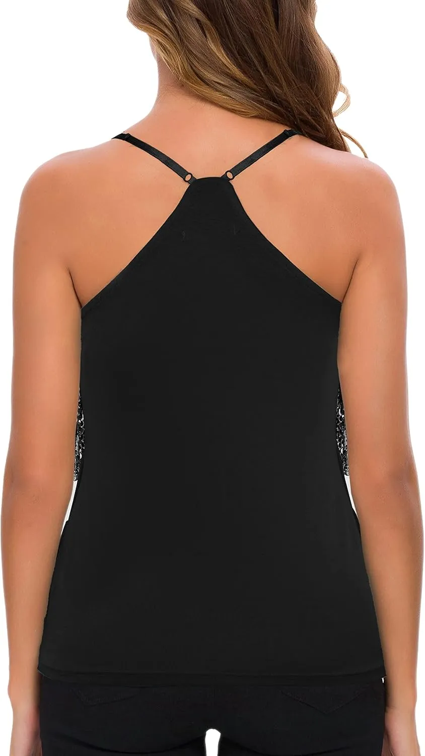 MANER Womens Sequin Fringe Top Sparkly Party Tank Top Tassel Trim Cami