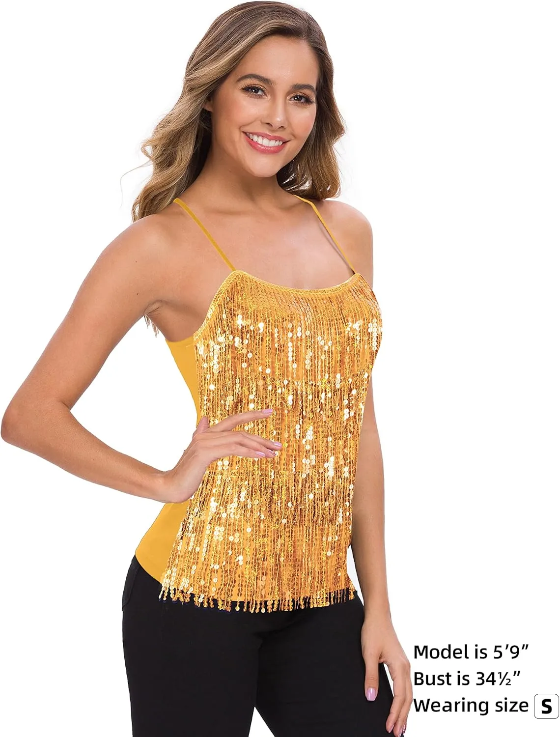 MANER Womens Sequin Fringe Top Sparkly Party Tank Top Tassel Trim Cami