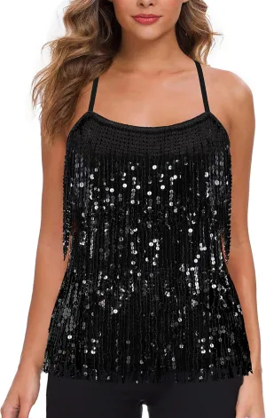 MANER Womens Sequin Fringe Top Sparkly Party Tank Top Tassel Trim Cami