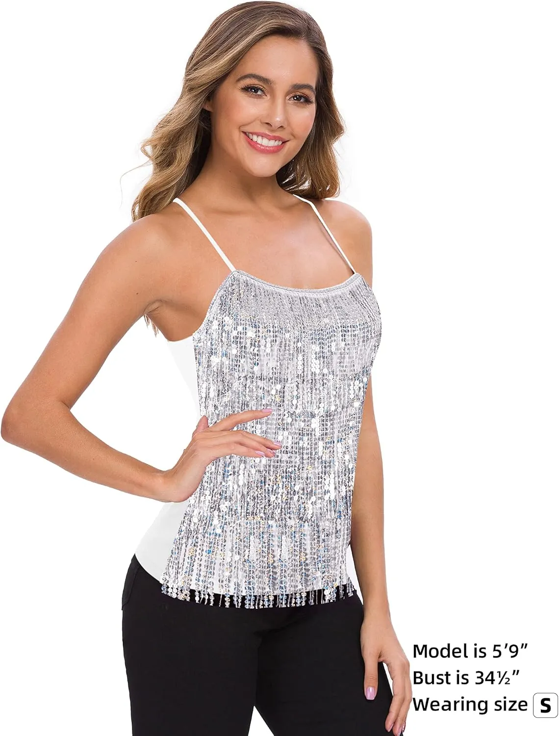 MANER Womens Sequin Fringe Top Sparkly Party Tank Top Tassel Trim Cami