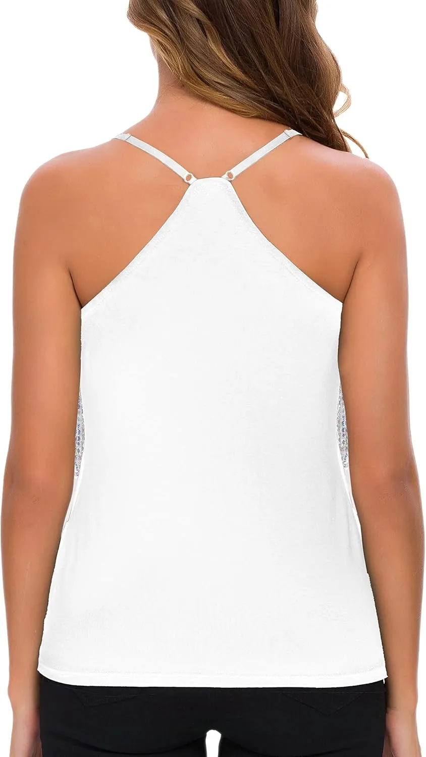 MANER Womens Sequin Fringe Top Sparkly Party Tank Top Tassel Trim Cami