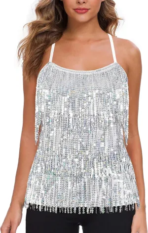 MANER Womens Sequin Fringe Top Sparkly Party Tank Top Tassel Trim Cami