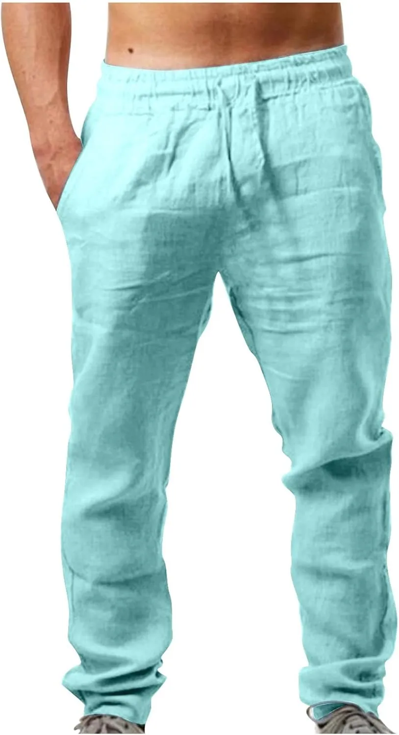Men's Cotton Linen Trousers Casual Elastic Waist Pants Yoga Pants Straight Leg Sweatpant Drawstring Pants Quick Dry