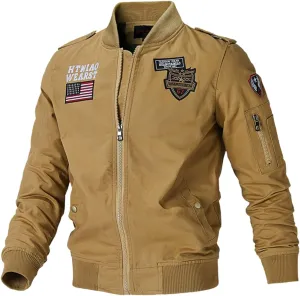 Mens Cotton Military Jacket USA American Flag Embroidered Patches Bomber Jacket Plus Size Full Zip Windproof Work Top