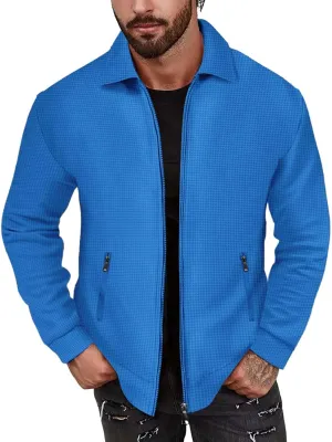 Mens Fleece Jackets Lightweight Full Zip Up Shawl Collar Waffle Knit Track Jackets Long Sleeve Casual Running Jacket
