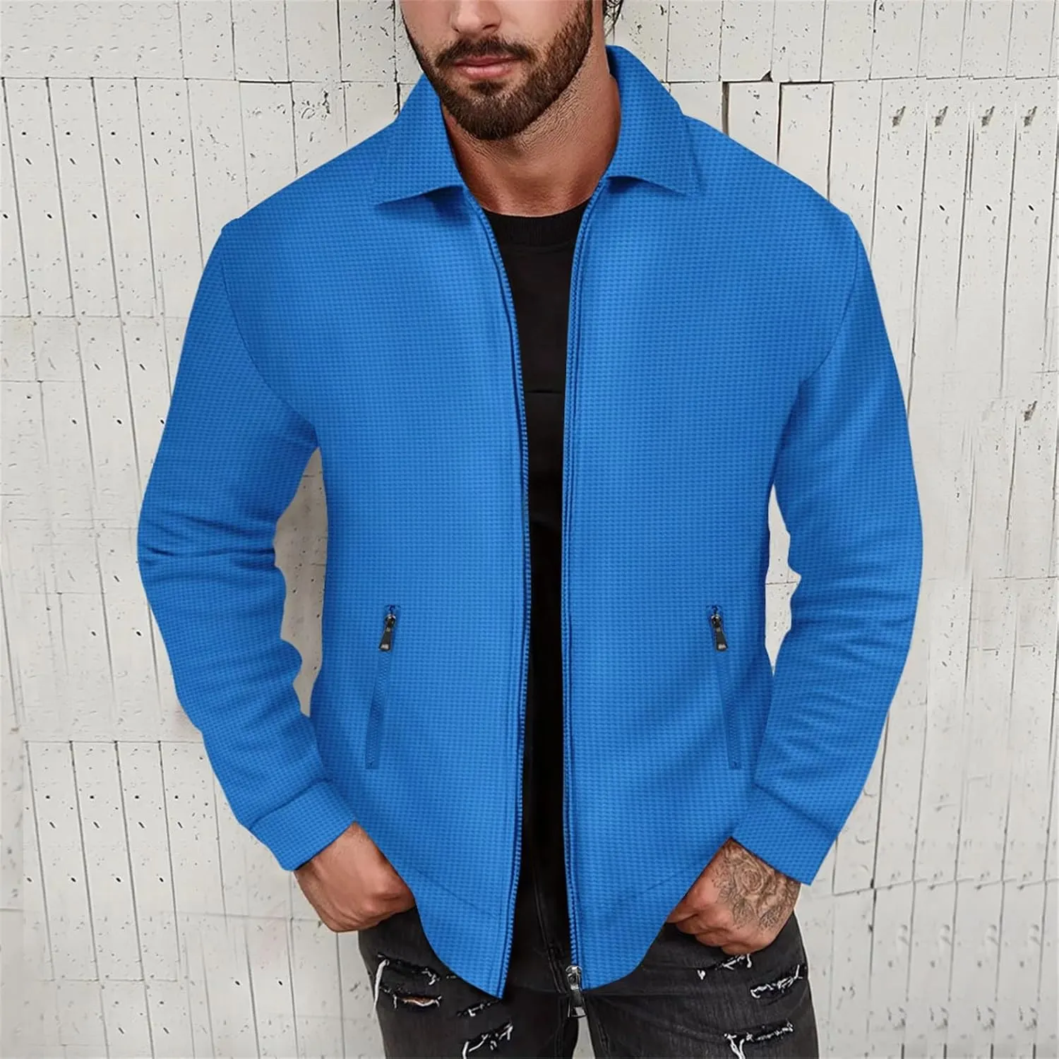 Mens Fleece Jackets Lightweight Full Zip Up Shawl Collar Waffle Knit Track Jackets Long Sleeve Casual Running Jacket