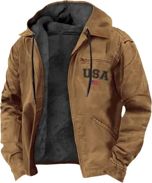 Mens Jacket Winter Clothes For Vintage Solid Color Zip Up Thickened Long Sleeve Hoodies Fashion Pockets Thermal Coat