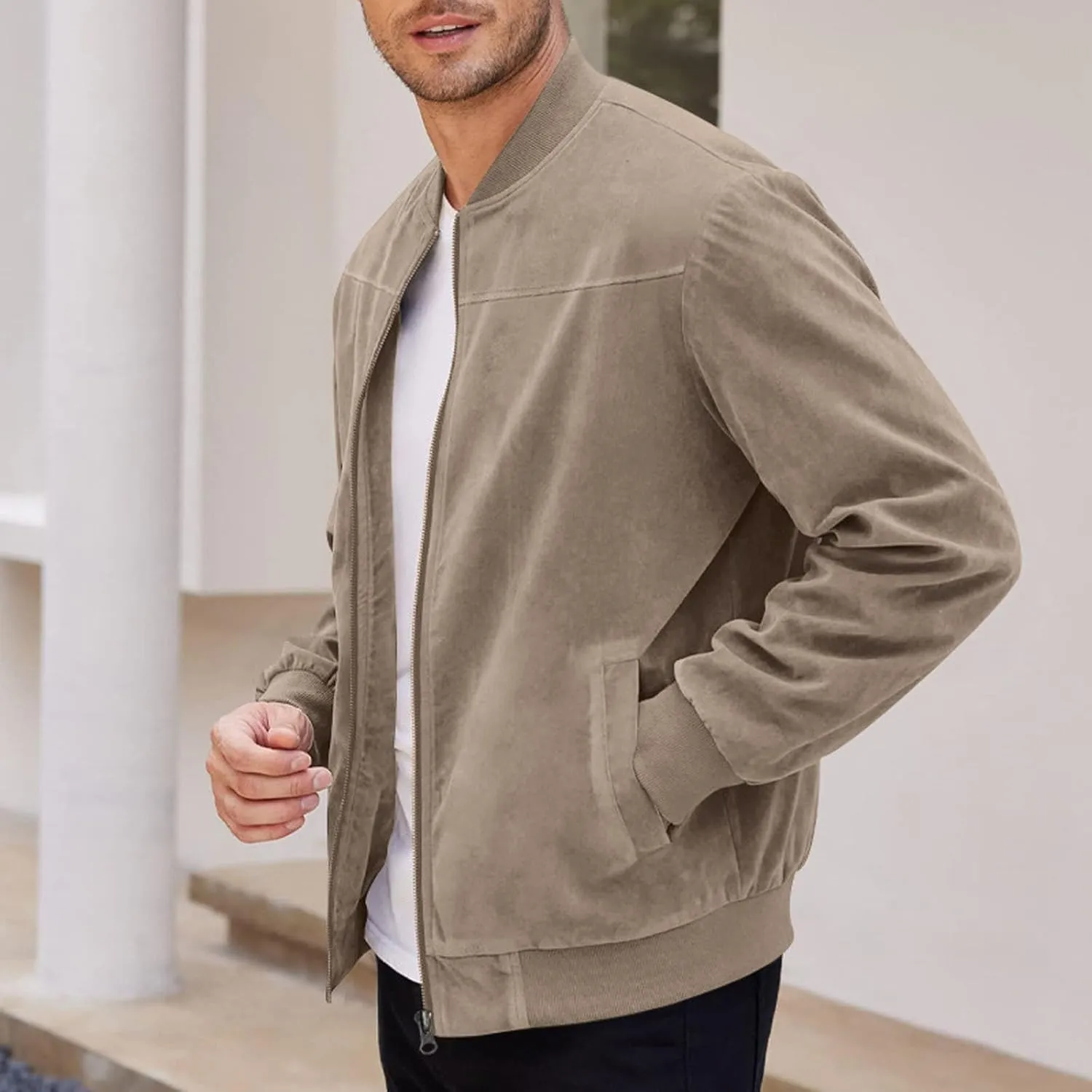 Mens Lightweight Jacket Flight Bomber Jacket Suede Full Zip Casual Softshell Jacket Outwear Pockets Thin Windbreaker