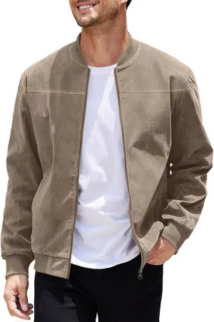 Mens Lightweight Jacket Flight Bomber Jacket Suede Full Zip Casual Softshell Jacket Outwear Pockets Thin Windbreaker