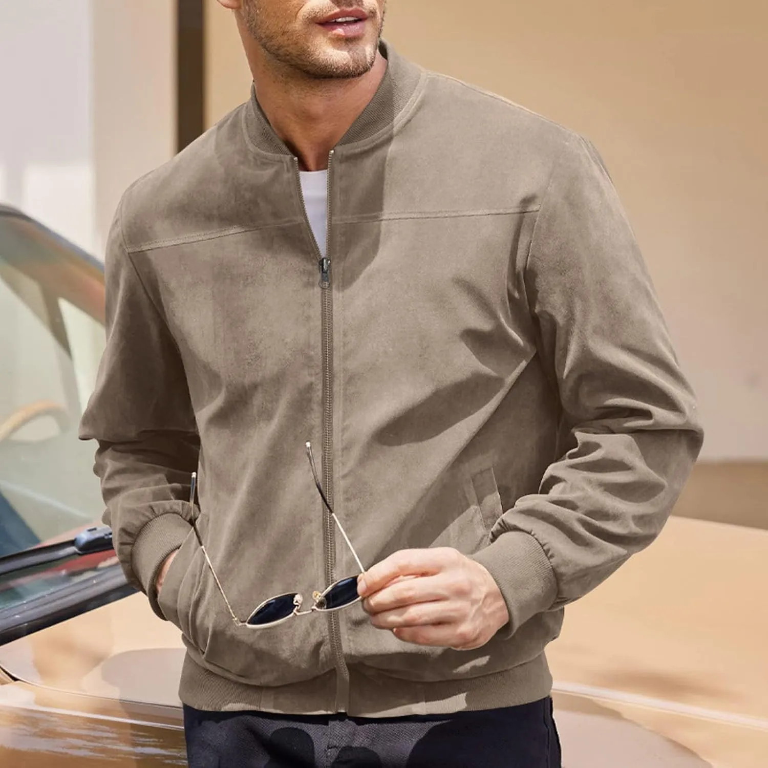 Mens Lightweight Jacket Flight Bomber Jacket Suede Full Zip Casual Softshell Jacket Outwear Pockets Thin Windbreaker
