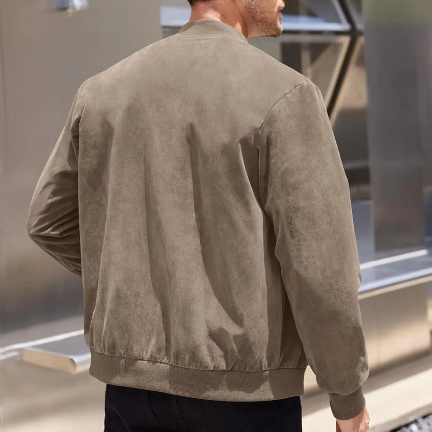 Mens Lightweight Jacket Flight Bomber Jacket Suede Full Zip Casual Softshell Jacket Outwear Pockets Thin Windbreaker
