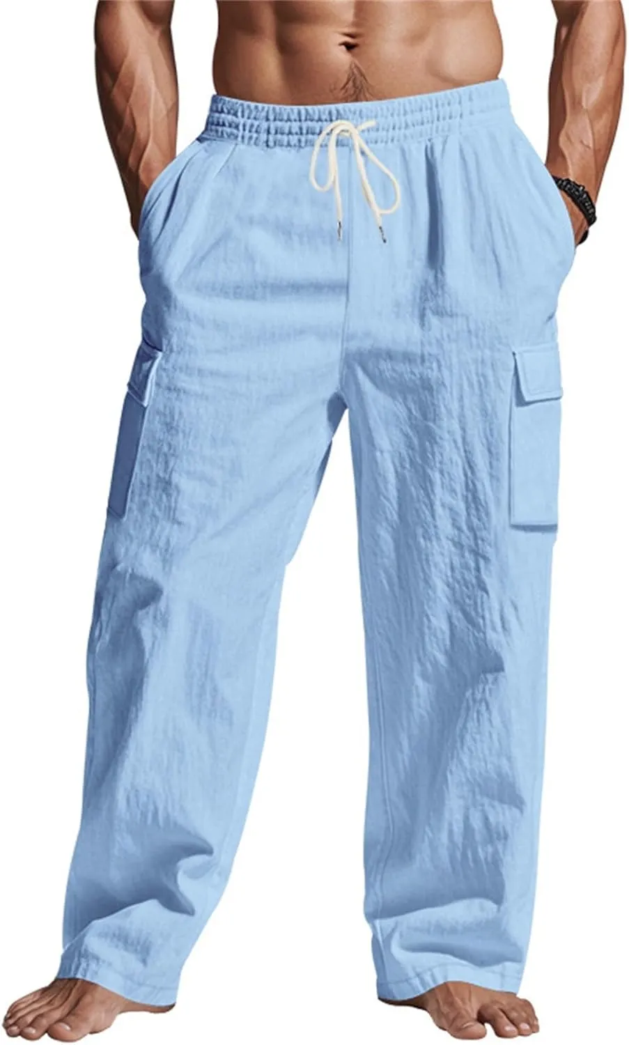 Mens Linen Cargo Pants Summer Vacation Lightweight Drawstring Pant Elastic Waist Beach Yoga Trousers with Pockets