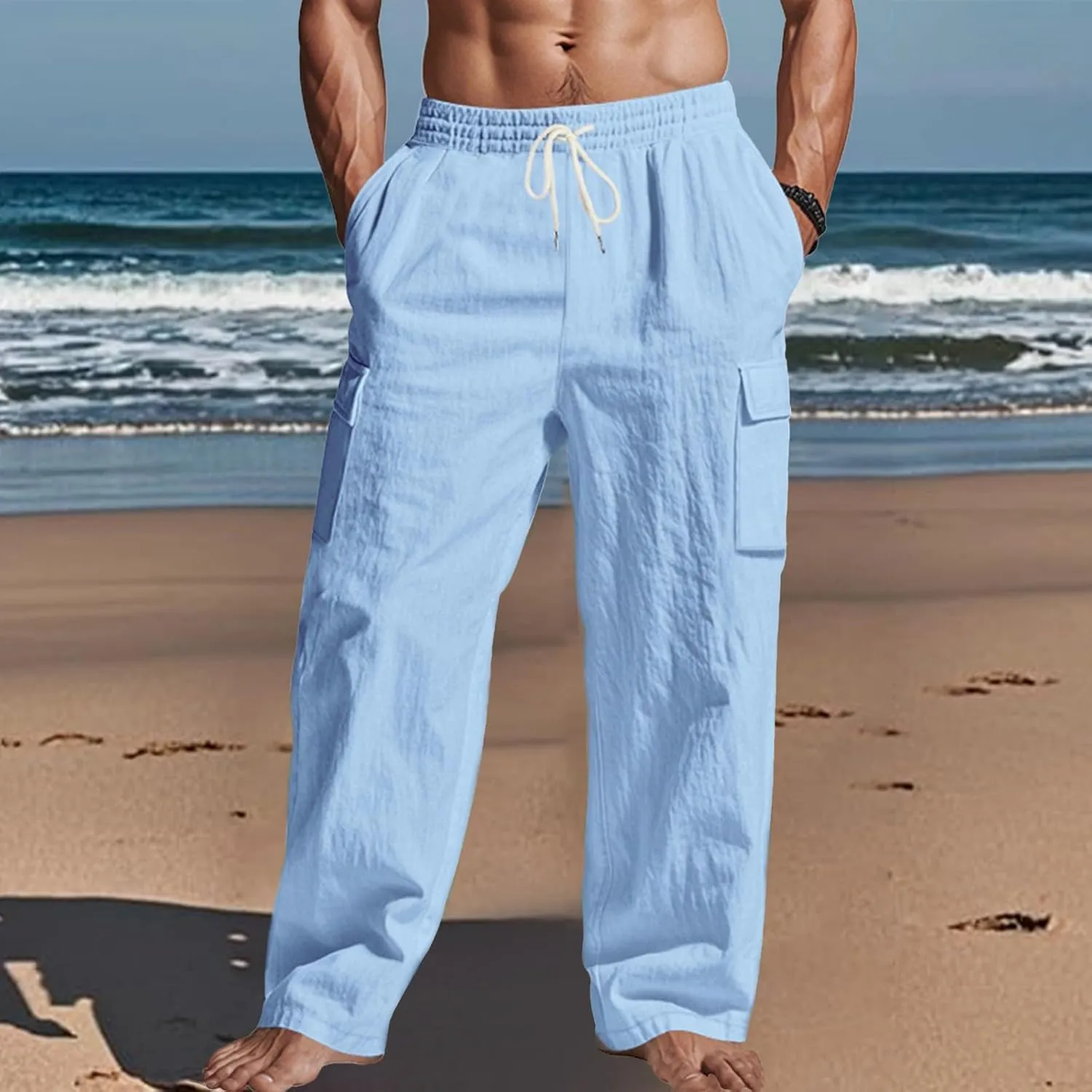 Mens Linen Cargo Pants Summer Vacation Lightweight Drawstring Pant Elastic Waist Beach Yoga Trousers with Pockets