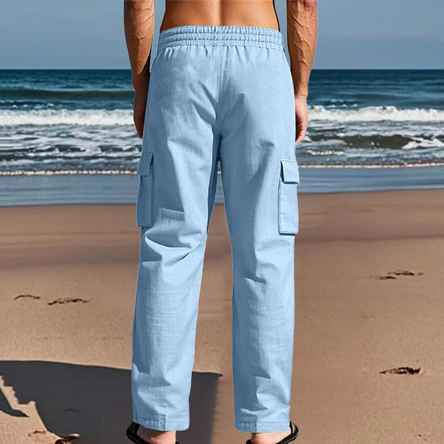Mens Linen Cargo Pants Summer Vacation Lightweight Drawstring Pant Elastic Waist Beach Yoga Trousers with Pockets