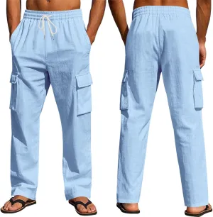 Mens Linen Cargo Pants Summer Vacation Lightweight Drawstring Pant Elastic Waist Beach Yoga Trousers with Pockets