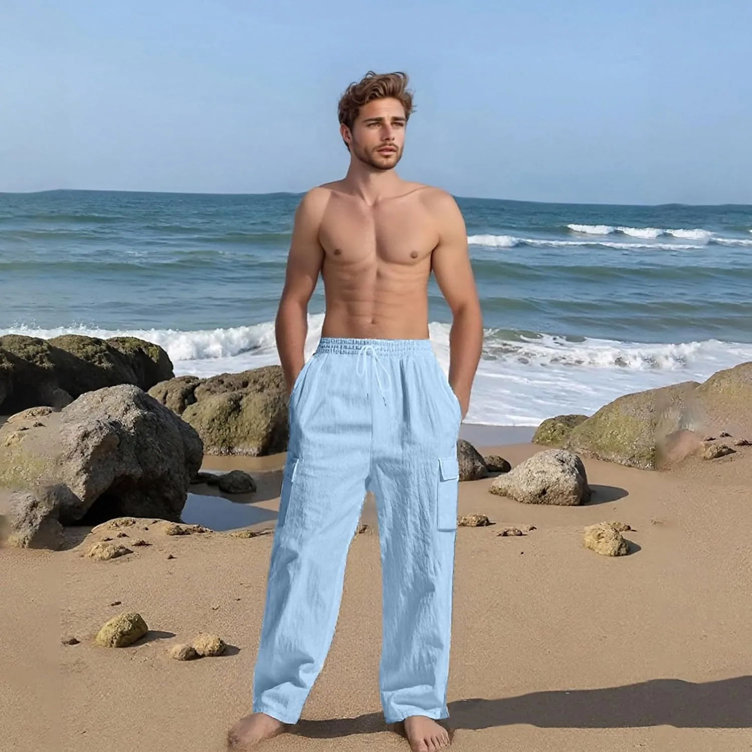Mens Linen Cargo Pants Summer Vacation Lightweight Drawstring Pant Elastic Waist Beach Yoga Trousers with Pockets