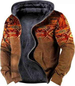 Men's Sherpa-Lined Hooded Fleece Jacket,Aztec Graphic Hoodies Winter Coats Plus Size Zipper Slim Outwear with Pocket
