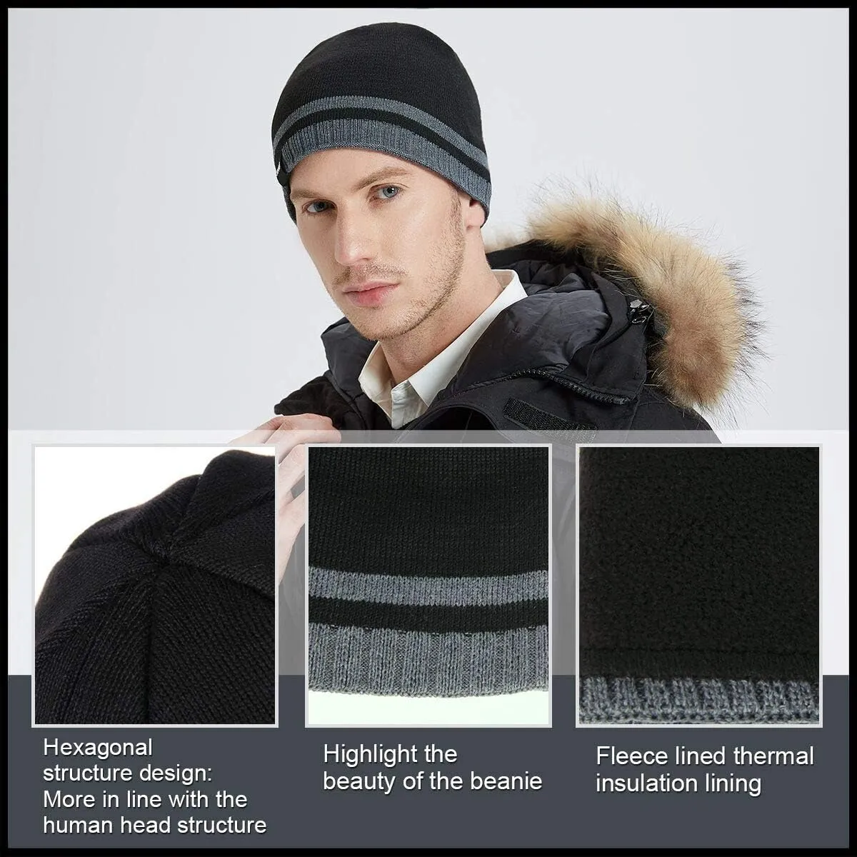 Mens Winter Beanie Hat Warm Knit Cuffed Plain Toboggan Ski Skull Cap (3 Patterns)