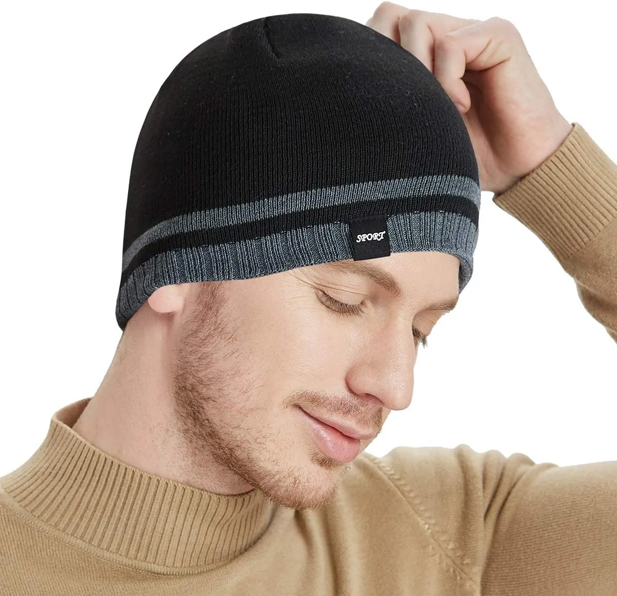 Mens Winter Beanie Hat Warm Knit Cuffed Plain Toboggan Ski Skull Cap (3 Patterns)
