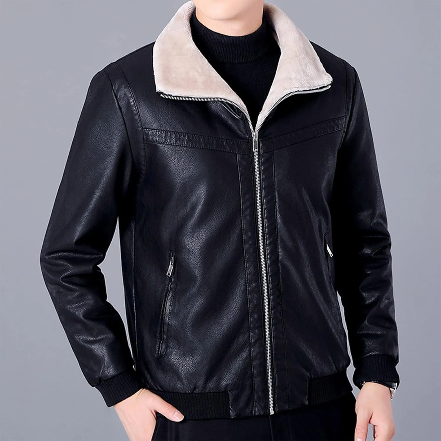Men's Winter Warm Leather Jacket Fleece Lined Motorcycle Biker Coats