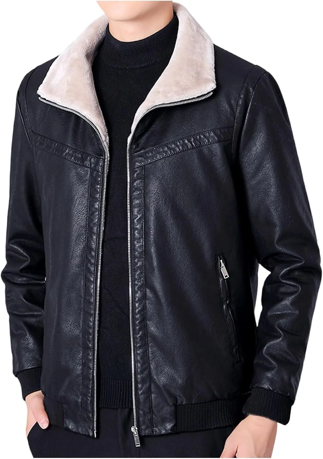 Men's Winter Warm Leather Jacket Fleece Lined Motorcycle Biker Coats