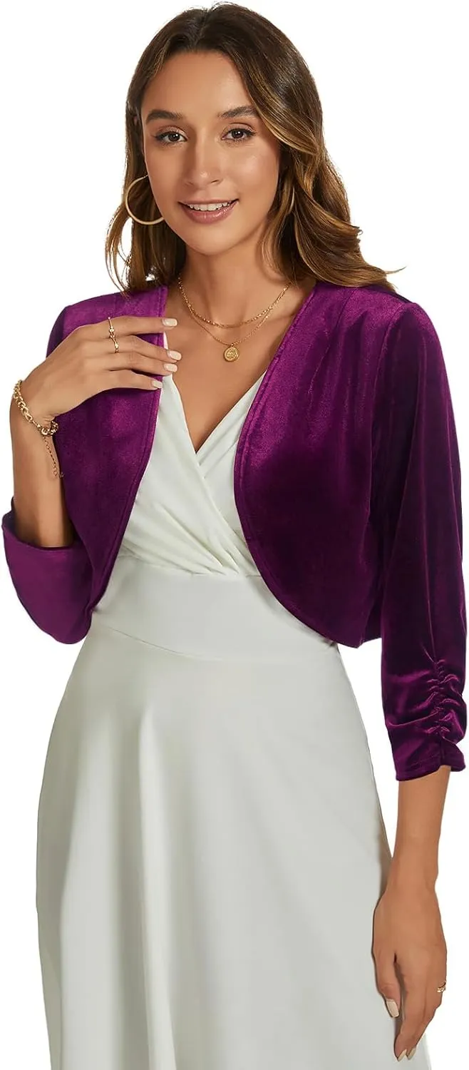 MINTLIMIT Velvet Shrug for Women's Ruched 3/4 Sleeve Open Front Cardigan Elegant Cocktail Party Cropped Bolero Jacket