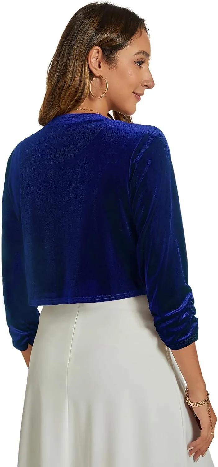 MINTLIMIT Velvet Shrug for Women's Ruched 3/4 Sleeve Open Front Cardigan Elegant Cocktail Party Cropped Bolero Jacket