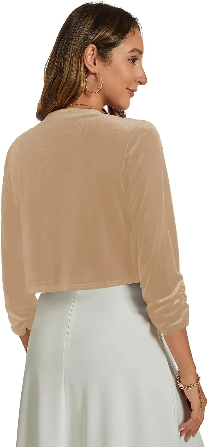 MINTLIMIT Velvet Shrug for Women's Ruched 3/4 Sleeve Open Front Cardigan Elegant Cocktail Party Cropped Bolero Jacket