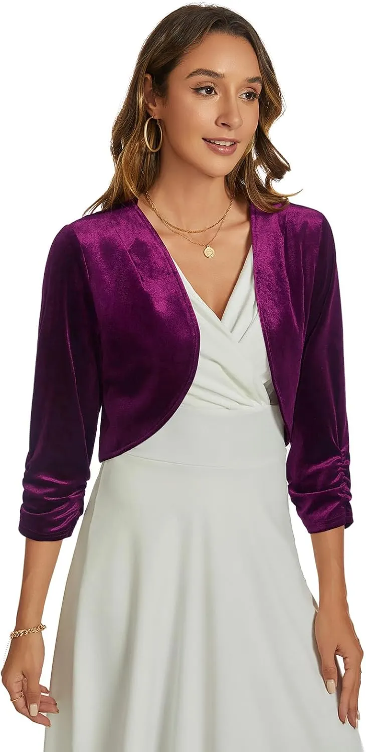 MINTLIMIT Velvet Shrug for Women's Ruched 3/4 Sleeve Open Front Cardigan Elegant Cocktail Party Cropped Bolero Jacket