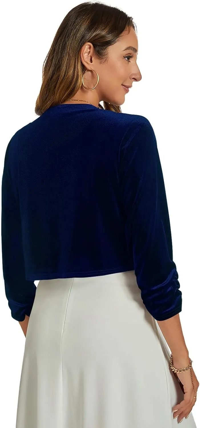 MINTLIMIT Velvet Shrug for Women's Ruched 3/4 Sleeve Open Front Cardigan Elegant Cocktail Party Cropped Bolero Jacket