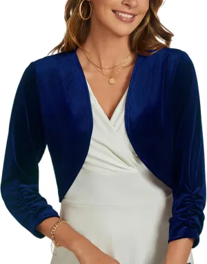 MINTLIMIT Velvet Shrug for Women's Ruched 3/4 Sleeve Open Front Cardigan Elegant Cocktail Party Cropped Bolero Jacket