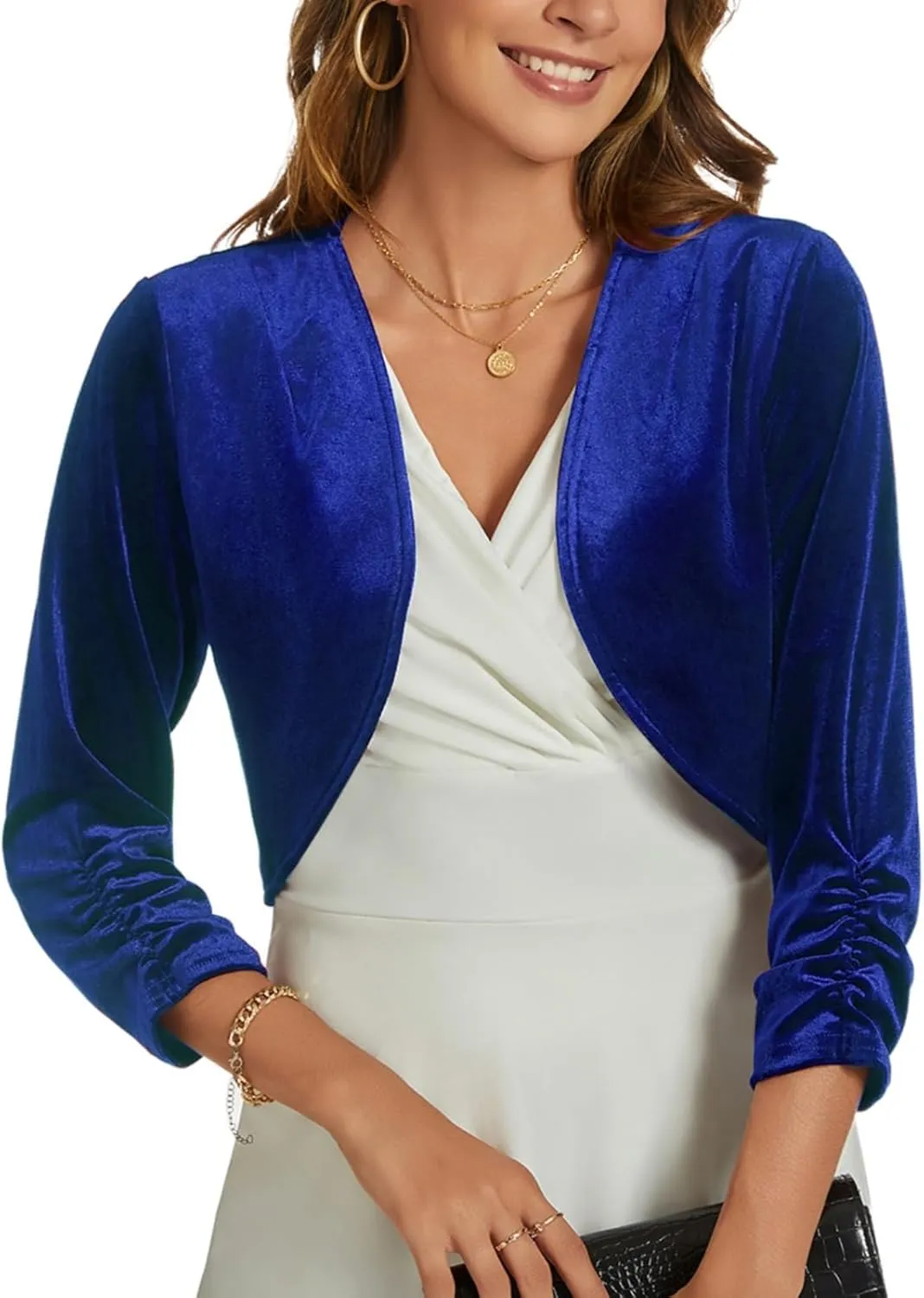 MINTLIMIT Velvet Shrug for Women's Ruched 3/4 Sleeve Open Front Cardigan Elegant Cocktail Party Cropped Bolero Jacket