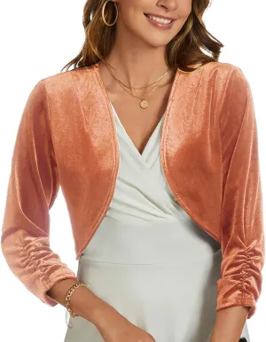 MINTLIMIT Velvet Shrug for Women's Ruched 3/4 Sleeve Open Front Cardigan Elegant Cocktail Party Cropped Bolero Jacket