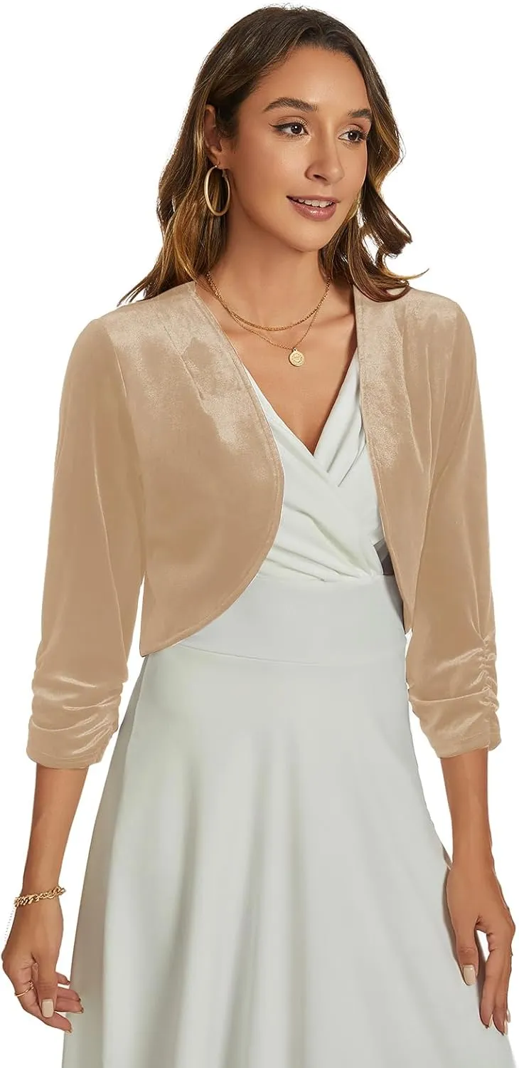 MINTLIMIT Velvet Shrug for Women's Ruched 3/4 Sleeve Open Front Cardigan Elegant Cocktail Party Cropped Bolero Jacket