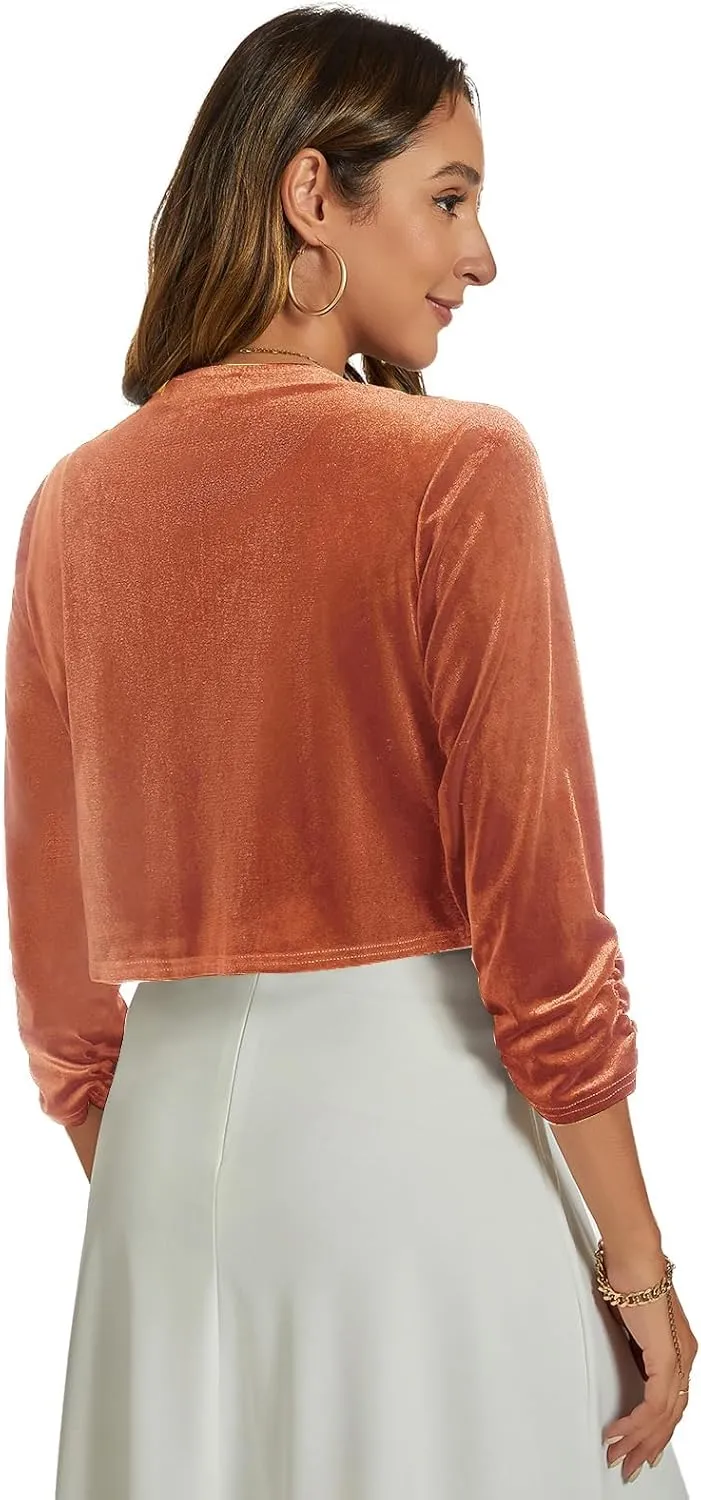 MINTLIMIT Velvet Shrug for Women's Ruched 3/4 Sleeve Open Front Cardigan Elegant Cocktail Party Cropped Bolero Jacket