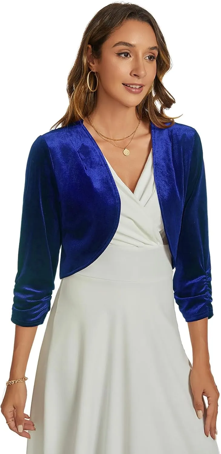 MINTLIMIT Velvet Shrug for Women's Ruched 3/4 Sleeve Open Front Cardigan Elegant Cocktail Party Cropped Bolero Jacket