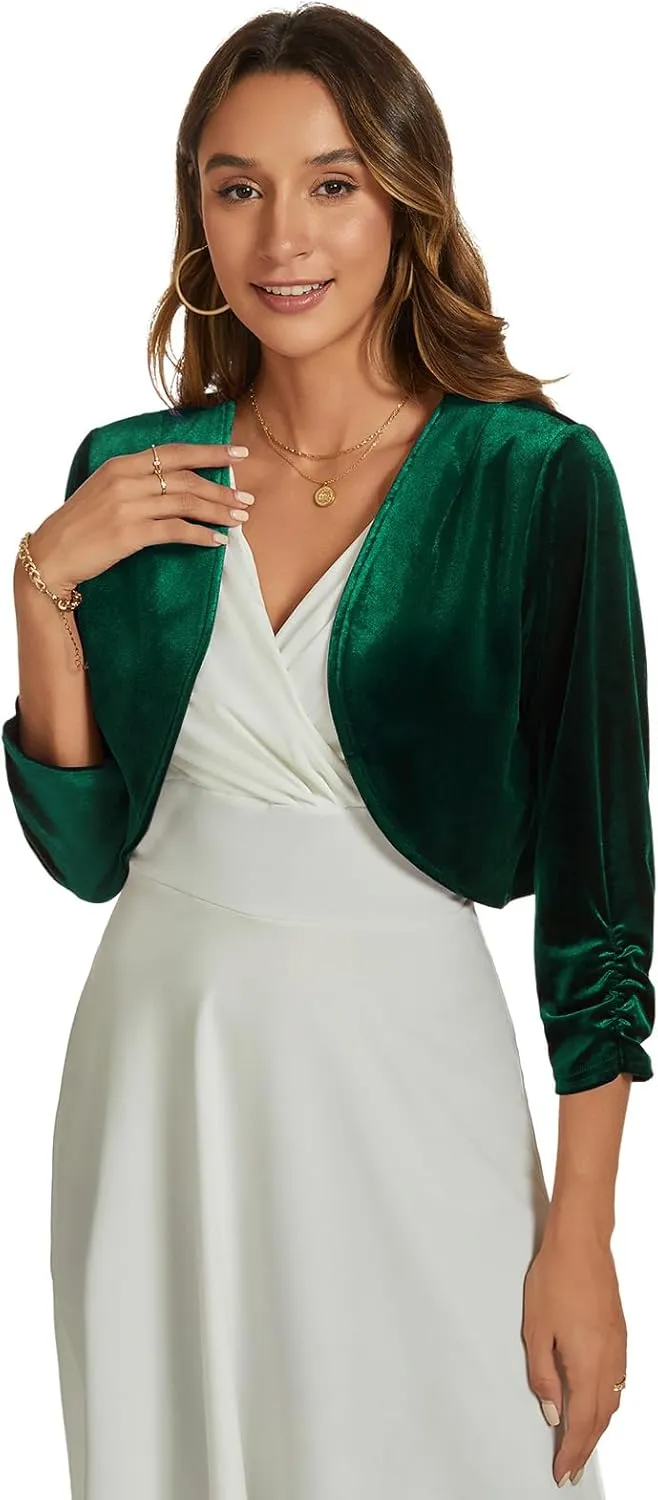 MINTLIMIT Velvet Shrug for Women's Ruched 3/4 Sleeve Open Front Cardigan Elegant Cocktail Party Cropped Bolero Jacket