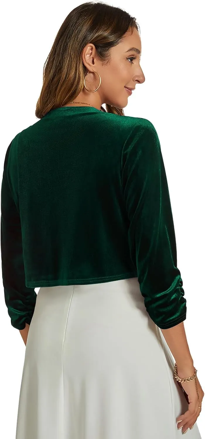 MINTLIMIT Velvet Shrug for Women's Ruched 3/4 Sleeve Open Front Cardigan Elegant Cocktail Party Cropped Bolero Jacket