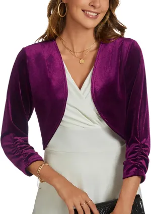 MINTLIMIT Velvet Shrug for Women's Ruched 3/4 Sleeve Open Front Cardigan Elegant Cocktail Party Cropped Bolero Jacket