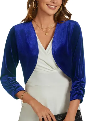 MINTLIMIT Velvet Shrug for Women's Ruched 3/4 Sleeve Open Front Cardigan Elegant Cocktail Party Cropped Bolero Jacket