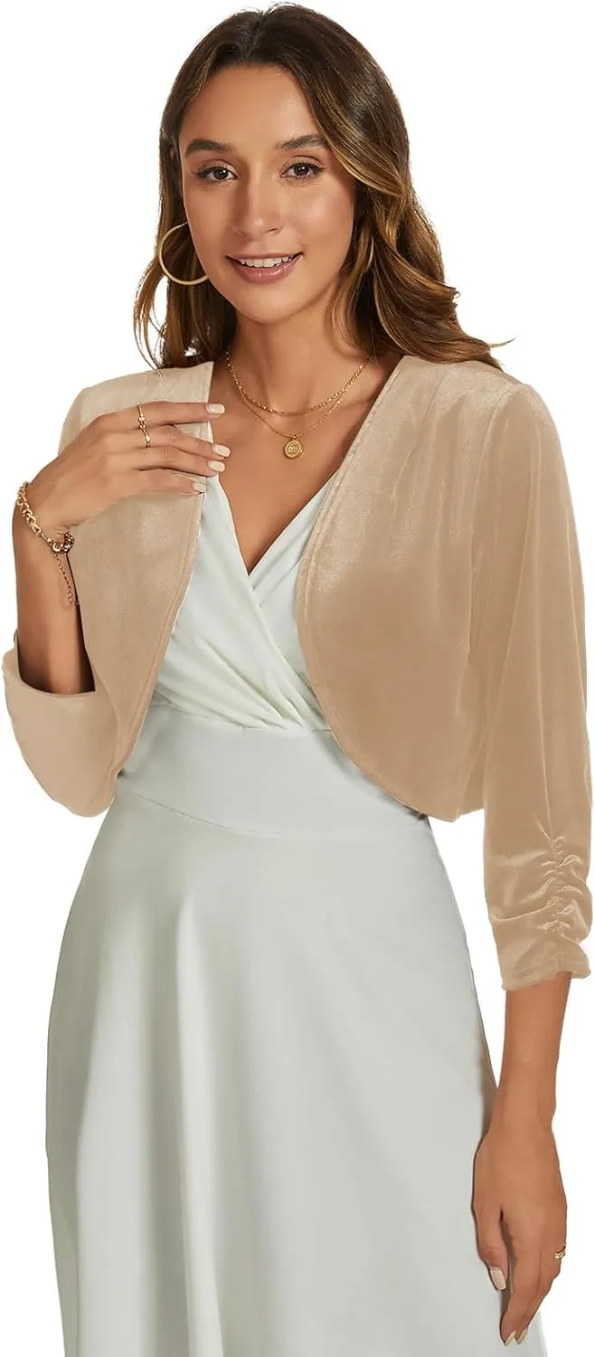 MINTLIMIT Velvet Shrug for Women's Ruched 3/4 Sleeve Open Front Cardigan Elegant Cocktail Party Cropped Bolero Jacket