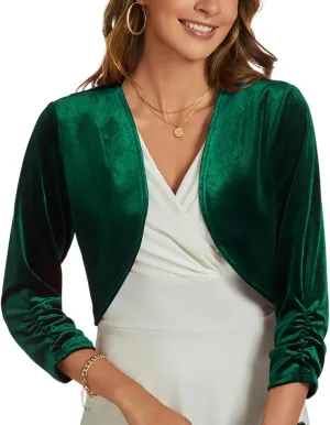 MINTLIMIT Velvet Shrug for Women's Ruched 3/4 Sleeve Open Front Cardigan Elegant Cocktail Party Cropped Bolero Jacket