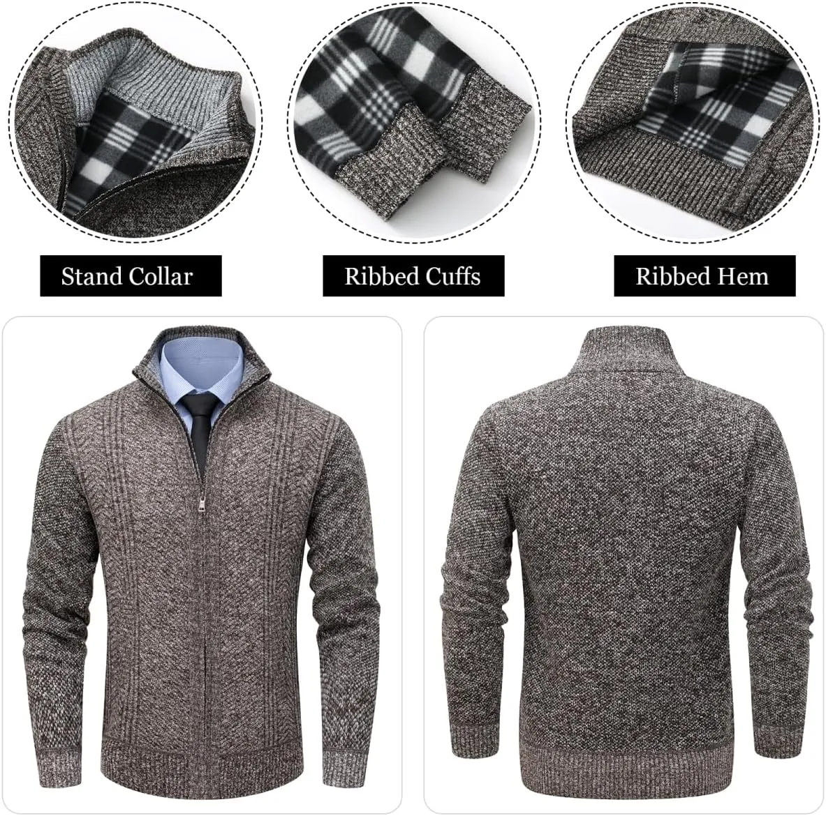 Msmsse Mens Cardigan Sweaters Full Zip Up Stand Collar Casual Knitted Sweater with 2 Front Pockets