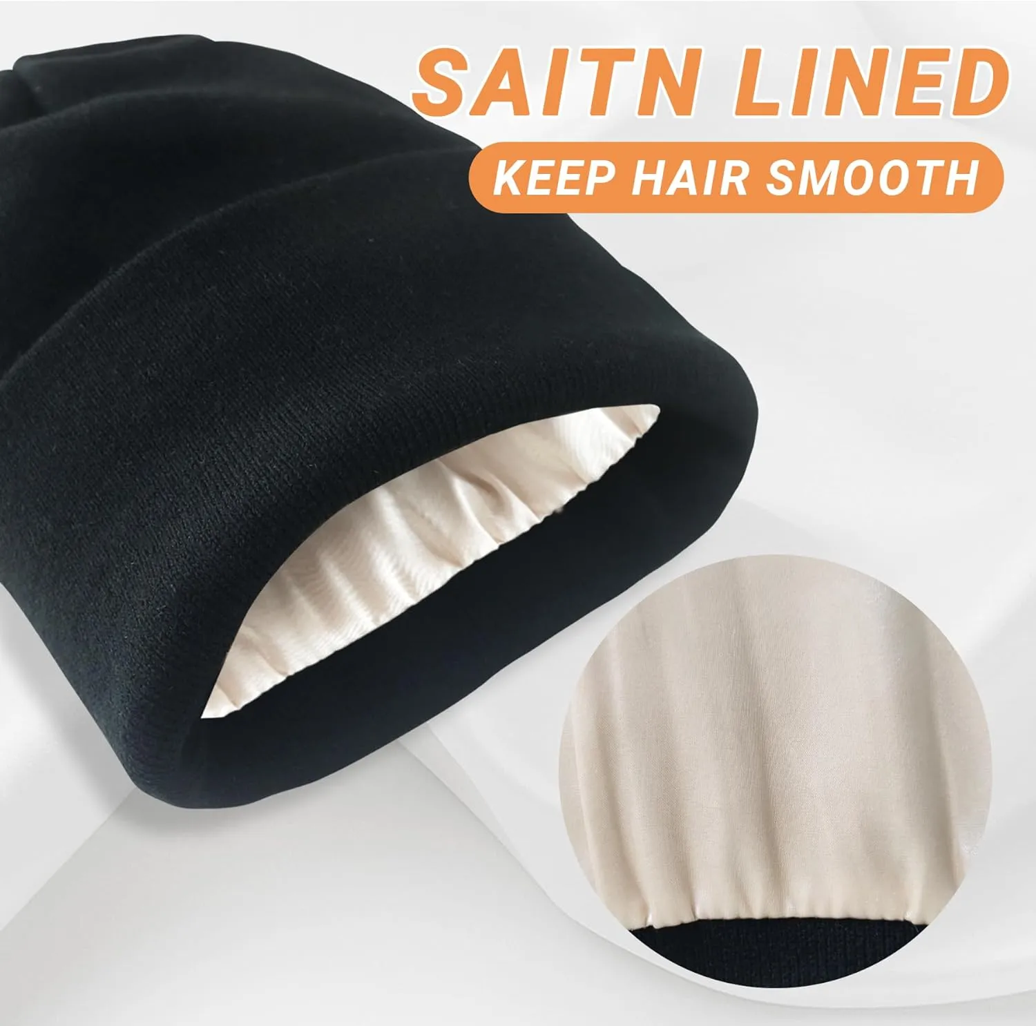 NPQQUAN 2 PCS Satin Lined Beanie for Women Silk Lined Beanies Winter Warm Soft Lining Cuffed Knit Beanie Hats for Woman