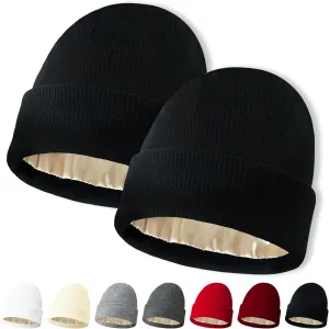 NPQQUAN 2 PCS Satin Lined Beanie for Women Silk Lined Beanies Winter Warm Soft Lining Cuffed Knit Beanie Hats for Woman