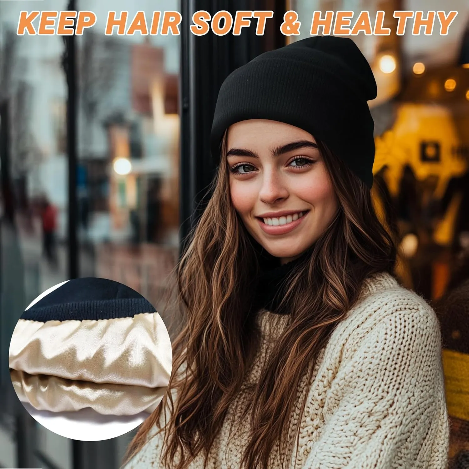 NPQQUAN 2 PCS Satin Lined Beanie for Women Silk Lined Beanies Winter Warm Soft Lining Cuffed Knit Beanie Hats for Woman