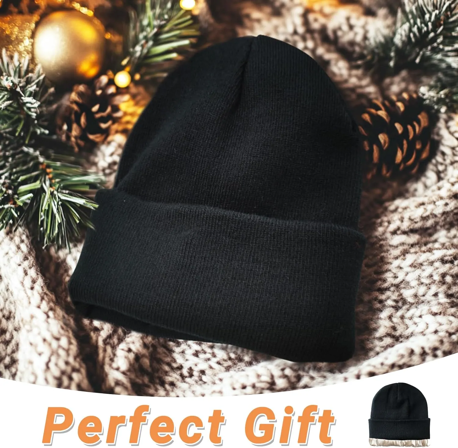 NPQQUAN 2 PCS Satin Lined Beanie for Women Silk Lined Beanies Winter Warm Soft Lining Cuffed Knit Beanie Hats for Woman
