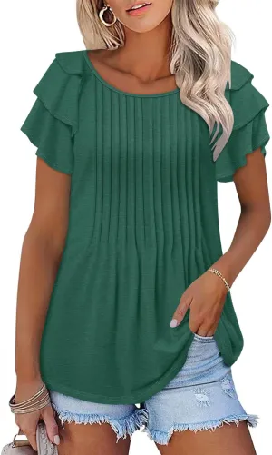 ONLYSHE Womens Summer Tunic Tops Ruffle Sleeve Pullf Short Sleeve Shirts